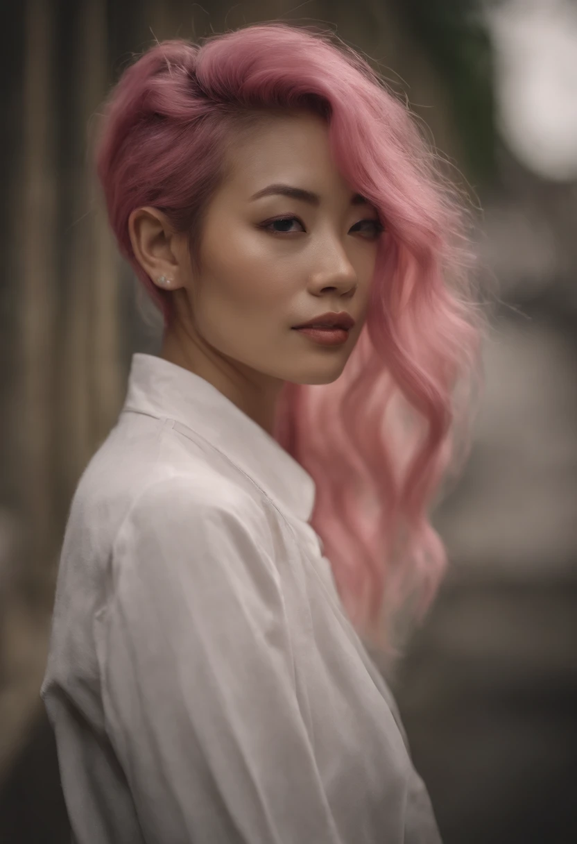 A half Asian women, hyper realistic, beautiful pink hair, grunge aesthetic, grunge clothing,