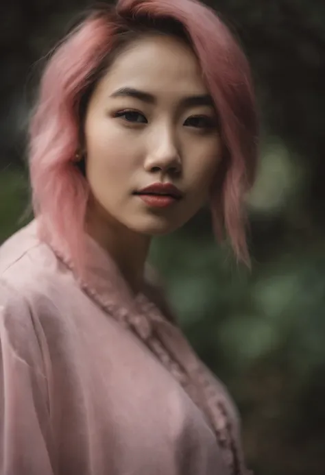 A half Asian women, hyper realistic, beautiful pink hair, grunge aesthetic, grunge clothing,