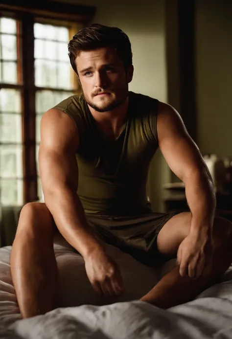 Josh Hutcherson tied up oily sweaty buff beard on bed hairy pits