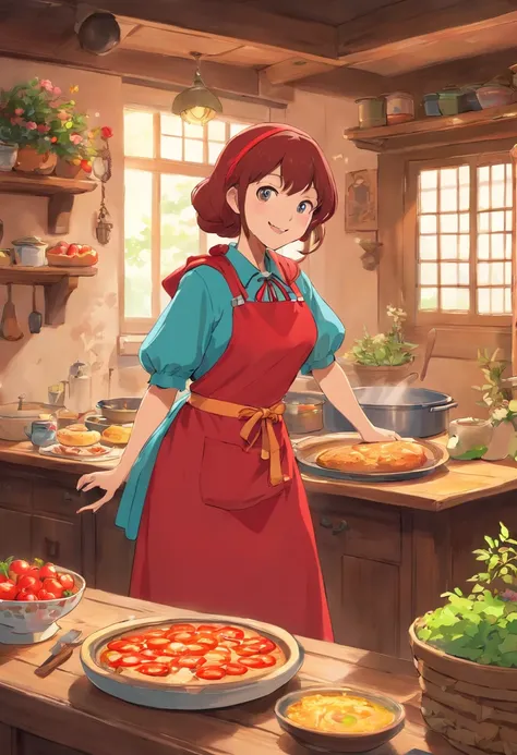 Little Red Riding Hoods mother wears an apron with a floral pattern，Smiling kindly，Show the warmth and care of a mothers love。She is busy with Little Red Riding Hood，Delicious food for grandma on the go。in the style of Hayao Miyazaki