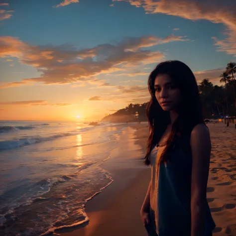 utra realistic, cinematic 8k camera, arafed woman standing on the beach at sunset with her hand in her pocket, 8 k sensual lighting, rendered in 8 k unreal engine, rendered in unreal engine 5, sunset lighting 8k, unreal engine render + a goddess, summer un...