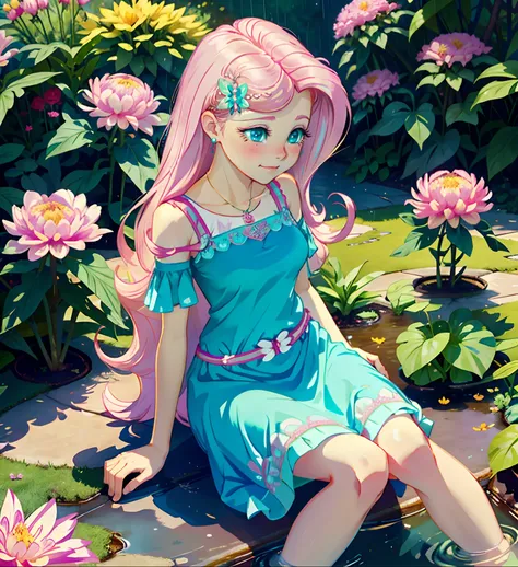 Fluttershy, fluttershy from equestria girls, fluttershy in the form of a girl, lush breast, pink long wavy hair, soft smile, flowers, butterflies, (top quality, masterpiece, ultra-realistic), rainy day, raining, wet ground, puddle, indoor botanical garden,...