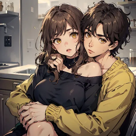 sexy girl,Handsome man hugging her from behind, Talking in your ear, lifting her,(1 los ojos cafes oscuro, Y el pelo negro de un chico) 40k, Cinematographer, obra maestra, calidad superior, (1 The girls yellow eyes and brown hair immediately curled with he...