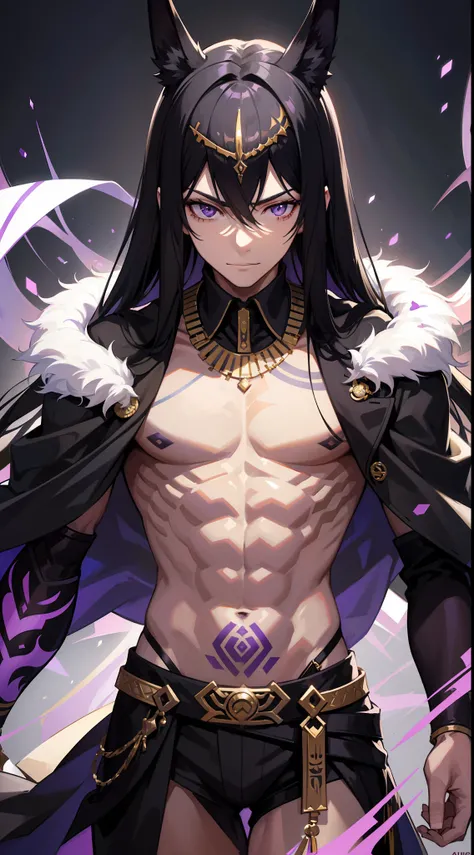 young guy, longue black hair, violet strands, violet eyes, smirk, tattoo, Pharaoh, Egypt prince, Anubis, open torso, muscles, Masterpiece, hiquality, 4k, HD, Good detail