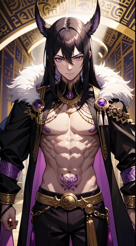 young guy, longue black hair, violet strands, violet eyes, smirk, tattoo, Pharaoh, Egypt prince, Anubis, open torso, muscles, Masterpiece, hiquality, 4k, HD, Good detail