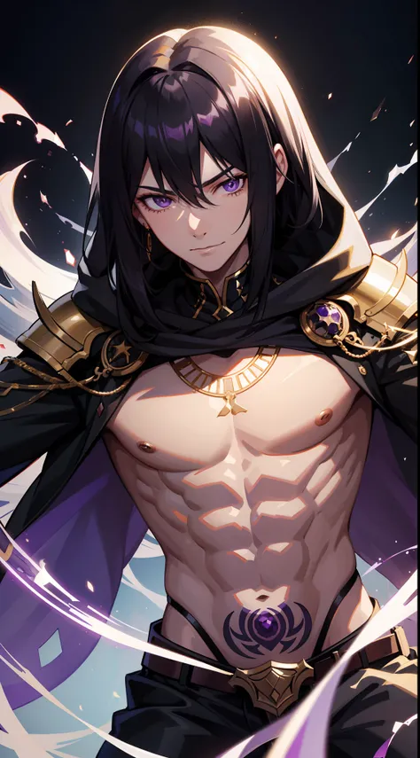 young guy, longue black hair, violet strands, violet eyes, smirk, tattoo, Pharaoh, Egypt prince, Anubis, open torso, muscles, Masterpiece, hiquality, 4k, HD, Good detail