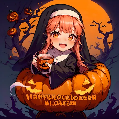 (Halloween theme:1.5), (magic:1.5), (fantasy:1.5), (centered image:1.5), (dark night sky:1.5), (cloud:1.5), (chibi emote:1.5), (chibi character:1.5), (Halloween tea party:1.5), (pumpkin monster:1.5), (cute ghost:1.5), (medusa:1.5), (mummy:1.5), (orange the...