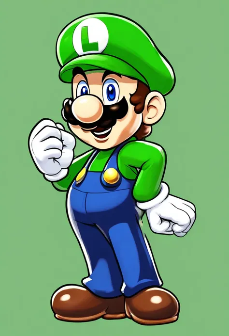 (Luigi), character design, Nintendo Super Mario, (blue eyes, green hat, green suit, navy blue suspenders, white gloves, ) smiling, blender