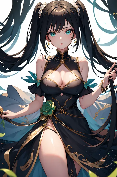 1girl, anime, cute girl, blank background, white background, fantasy, detailed dark fantasy dress with highlights, beautiful face, beautiful eyes, dark colors, black hair, twintails, green eyes, medium breasts, slight cleavage, beautiful skin, cute, breast...