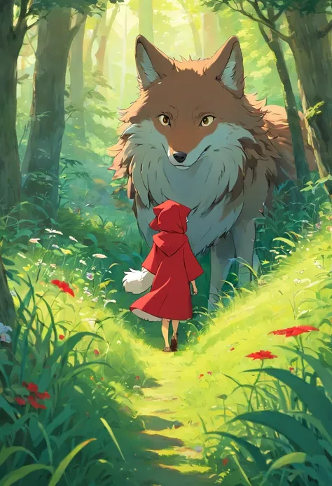 A cunning wolf hides in the grass，Quietly observing Little Red Riding Hood in the distance，Look at the back of Little Red Riding Hood，There was ill intent in his eyes。in the style of Hayao Miyazaki