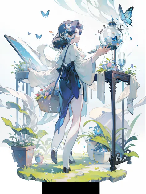 (Masterpiece),(Best quality:1.0), (超高分辨率,), Detailed, A glass ball，There is a tree inside,Butterflies and sunlight, concept art design illustration, Closed ecosystems