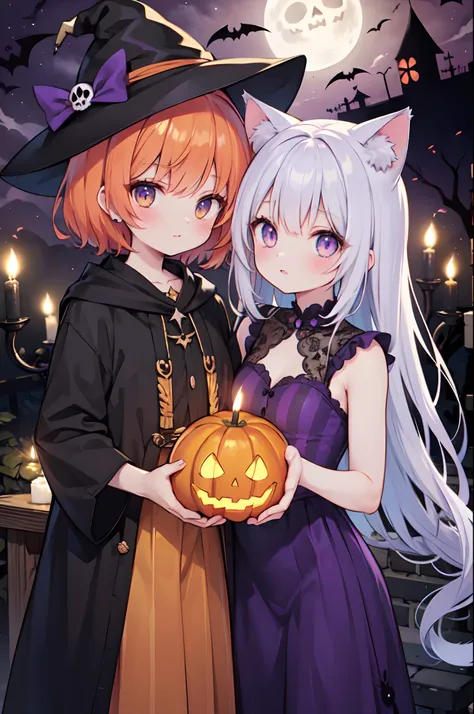 neko, hat, bats, ((cat ears)),orange hair, striped hat,orange dress, black lace, purple spirits, white eyes, dead trees, purple sky, full moon, party, dia de muertos, skulls, colorful, costume, witchy, candles, glowing pumpkin, flyring bats,sfw, ghosts, gl...