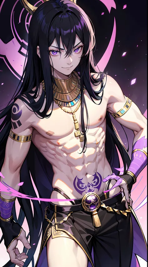 Young guy, Long black hair, purple strands, violet eyes, smirk, tattoo, pharaoh, Egyptian Prince, Anubis, open torso, musculature, Masterpiece, hiquality, 4k, HD, Good detail