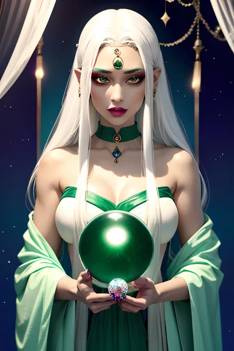 Fortune teller staring at a crystal ball　Beautuful Women　light skinned　white  hair　Dressed in dark green clothes　bustup　Facing the front　Mystical　1 persons　cute little