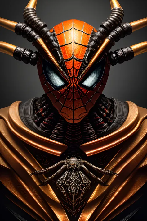 a close up symmetrical portrait of a devil spider man, biomechanical, mshn robot, splashes of orange red, hyper realistic, intricate design, (insanely detailed:1.4), (extremely fine details:1.35), Extremely sharp lines, steel, cinematic lighting, Photoreal...