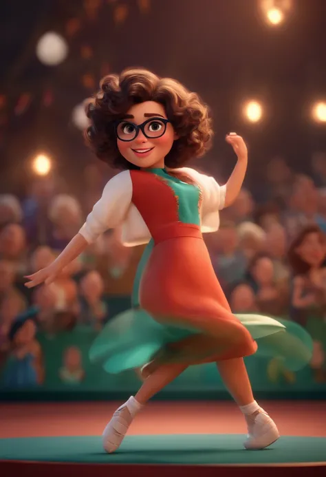 Magem Pixar Style with 3D Character Brunette Woman White Glasses Short Curly Hair Dancing on Stage Disney