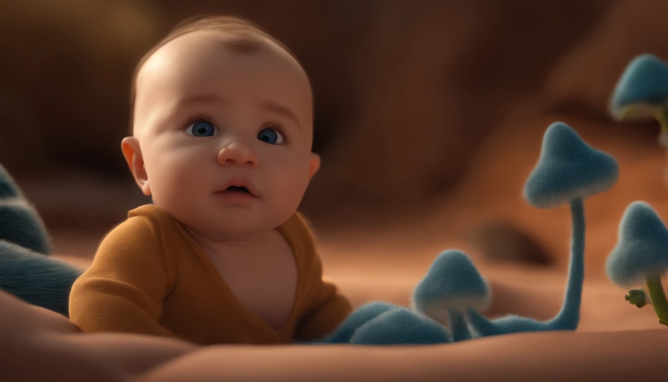 Highly detailed 3D render three-month-old baby, gordinho peruana bonito, texturas suaves e suaves, gradiente de cor azul no plano de fundo. Pixar Disney.