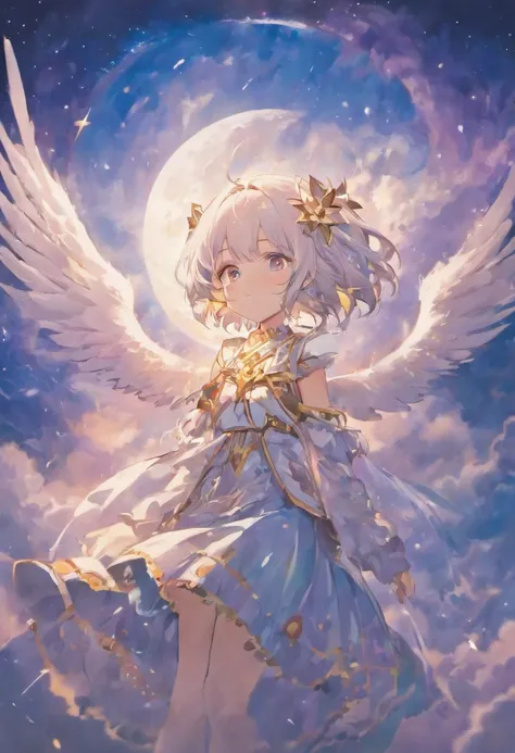 Sky, clouds, moon, wings, white hair, beauty, tears, mirror, slim boy, prayer, sacred, super details, high-definition quality, perfect composition