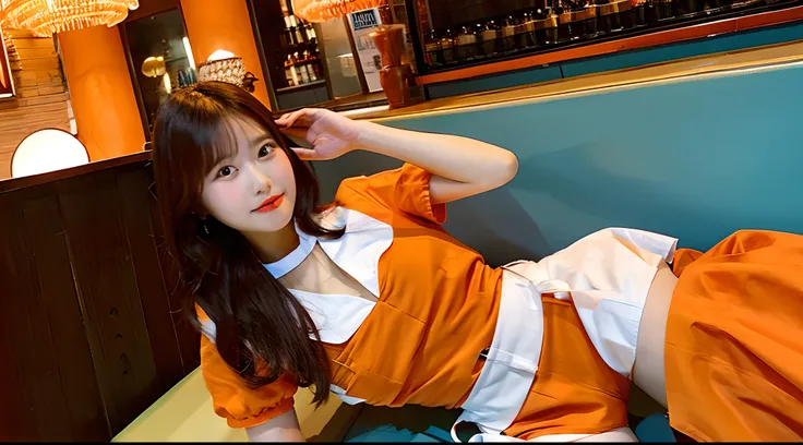 18-year-old waitress in an orange miniskirt