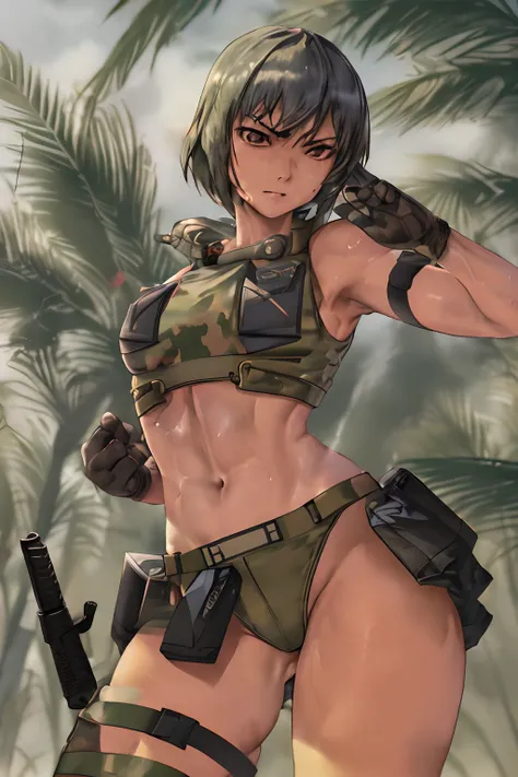 Best quality, masterpiece,bra and panty, serious, sexy pose, military, desert. Cammo, Sun, hot, guerrilla, tropical, wetting. Bullet proof vest.