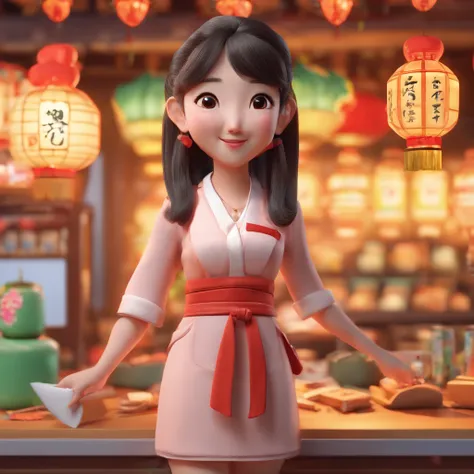 A cute cartoon 3D Chinese girl, The image of the shopkeeper,Welcome moves