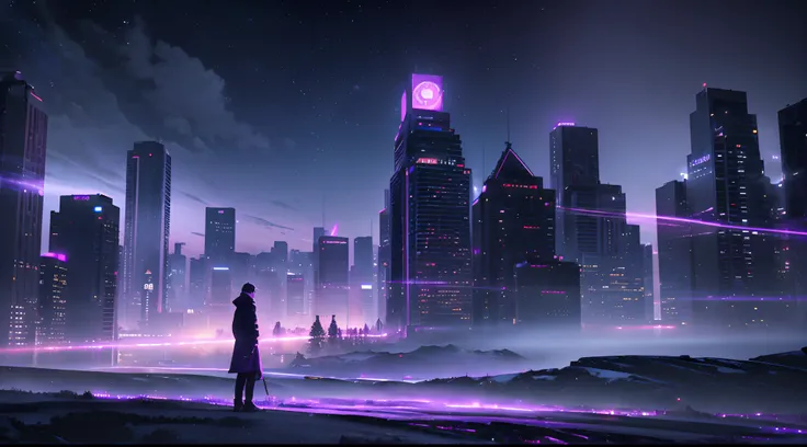 Make A dreamscape style Art Work wallpaper (("masterpiece")) Atmospheric Snow, cinematic Moody purple, dark moody, moody LUT, City Landscape, Dark purple Atmosphere, Purple teal, Neon Sign, rim light, Beautifull, hyper detailed,