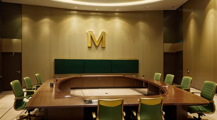 realistic green and gold color scheme large boardroom with the letter "M" in gold on wall, 4k, stunning