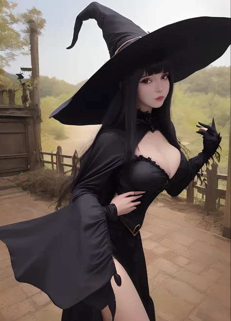 Big、huge tit、Woman in witch costume posing for photo, Witch Girl, classical witch, portrait of a young witch girl, black - haired mage, bright witch, Witch, pretty sorceress, beautiful cowboy witch, Anime girl cosplay, the witch, beautiful wizard,