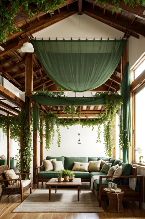 transform the living room into an enchanted forest by hanging sheer, green fabric from the ceiling to create a canopy effect, adding potted plants and trees, and using earthy tones and natural materials for the furniture and decor.