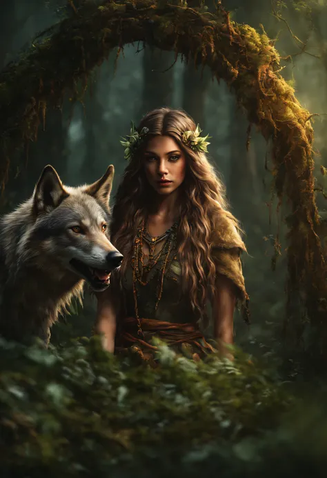 (beautiful druid girl:1.3) embrace the wolf  (extremely detailed cg unity 8k wallpaper,masterpiece, best quality, ultra-detailed...