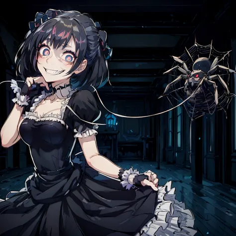 woman in black dress. she looks like an anime. she wears a dress with frills. woman fused with a spider. crazy eye expression. s...