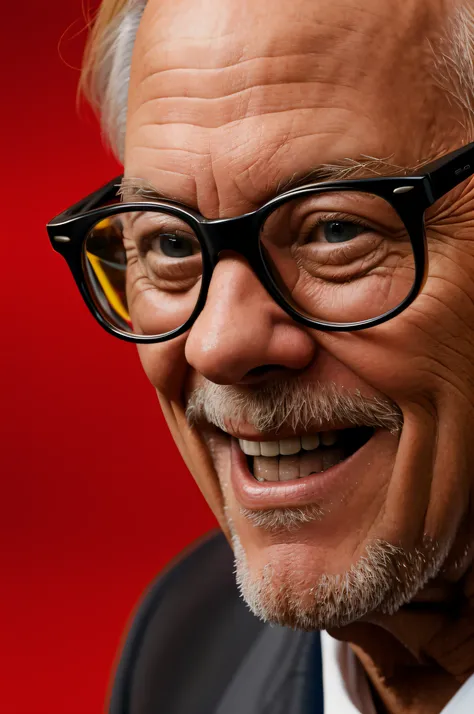 (blonde-glasses:1.2),1 old black man,solo,black hair,close-up,bald,laughing,simple background,red background,looking at viewer,masterpiece,best quality,Ultra HD,high quality,HDR,UHD,8K,