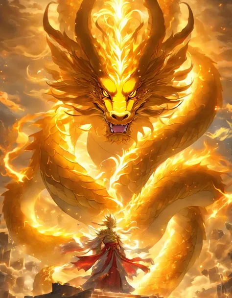 「Make an illustration of the golden dragon god。Long as a snake、Heading Up、Shōryū、Sunny sky、spiritual、Spirit、chakra、Spiritual world、Fantastical」