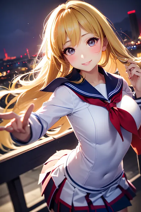 (((hi-school girl,gals,Heavy makeup,a sailor suit,a short skirt,a blond,Beautiful hair,Floating hair))),((masutepiece,Full body,Wide background,high,school buildings,School Grounds)),Beautiful detailed skin,Perfect human anatomy,perfect hand,beautiful boob...