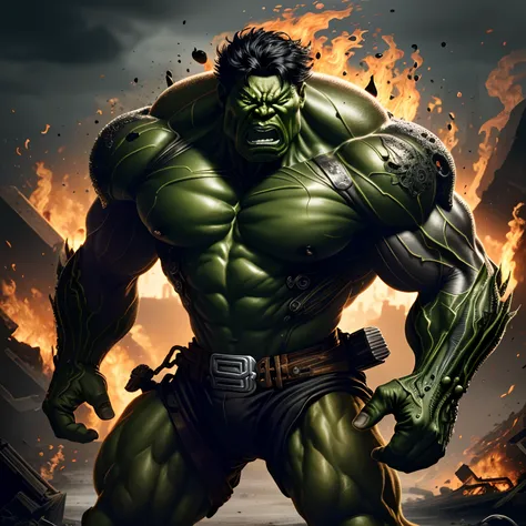 Mutant Black hulk, hulk smash, destroyed building background, fire, biomechanical, mshn robot, splashes of orangee green, hyper realistic, intricate design, (insanely detailed:1.4), (extremely fine details:1.35), Extremely sharp lines, cinematic lighting, ...