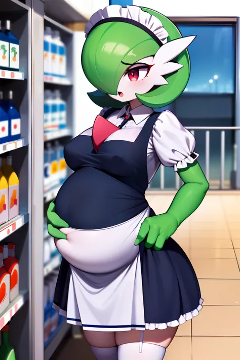 obra maestra, best_quality, 1girl, solo, gardevoir, pokemon (criatura), cabello verde, ojos rojos, vestido de sirvienta, supermarket, de perfil, en un supermarket, vista lateral, sosteniendo una caja, (((embarazada))), gardevoir embarazada, [junto a un car...