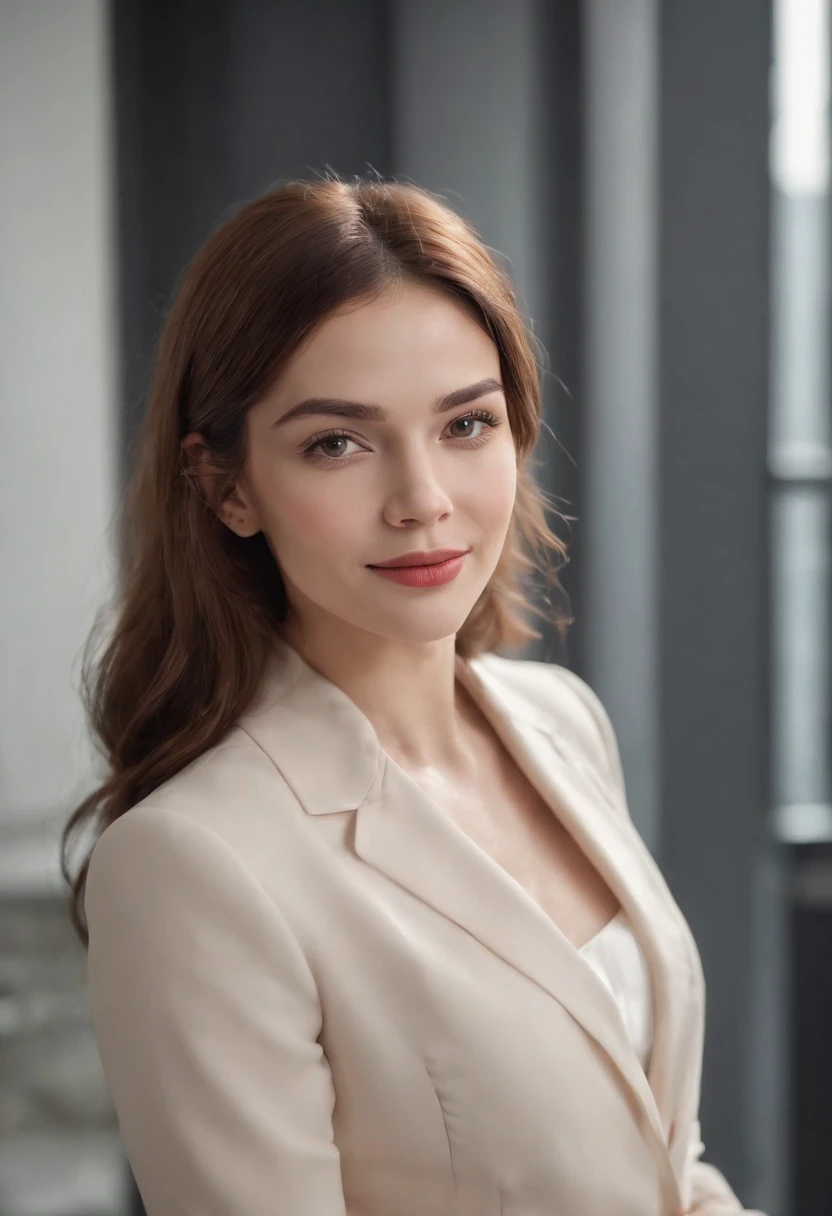 Cinematic portrait , Smiling, Facing the audience,Frontal photo of the upper body，The character is centered (reality :1.3), European and American women look at the camera, Put on an office career suit, Detailed beautiful face, Action shooting, office backd...