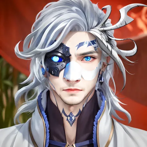 a close up of a person with a mask blue eye and a white hair, white haired deity,handsome guy, realistic, ultra details