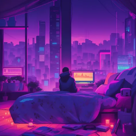 paisagem noturna no estilo lofi, personagem deitado na cama ouvindo musica, um quarto gamer escuro, neons, peleta nas cores lilas e ciano, com uma janela com a vista de uma cidade cyberpunk com a lua ao fundo