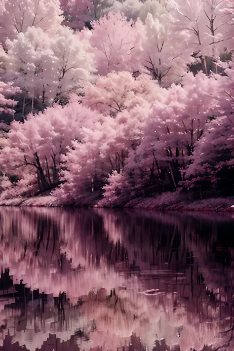 purple trees and bushes are reflected in a still - flowing river, infrared photography, pink landscape, pink reflections, infrared, beautiful nature, pink trees, really beautiful nature, infra - red, pink forest, pink tree beside a large lake, surreal colo...