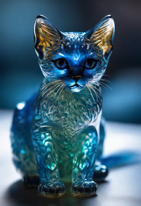 statuette: beautiful translucent kitten in the whole body, bright color, points of internal light throughout the body, transparent blue color, complex illustration, mysteriouss