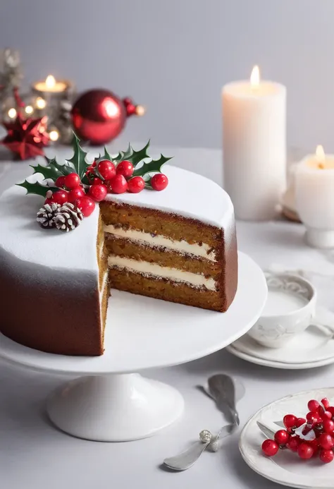 Delicious Christmas Cake, Cinematic, Professional Photography, Studio Lighting, Studio Background, advertising photography, Intricate details, ultra-detailliert, A hyper-realistic, 8K UHD