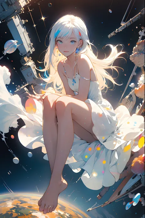 (Masterpiece, Best quality:1.2), (Ultra detailed),(illustration), the wallpaper, Original,
1girll, Messy white hair, spaghetti straps, White dress, Bare legs, Bare feet, Bare arms, space, Earth background, Near-Earth orbit, full bodyesbian,
,(Surrounded by...