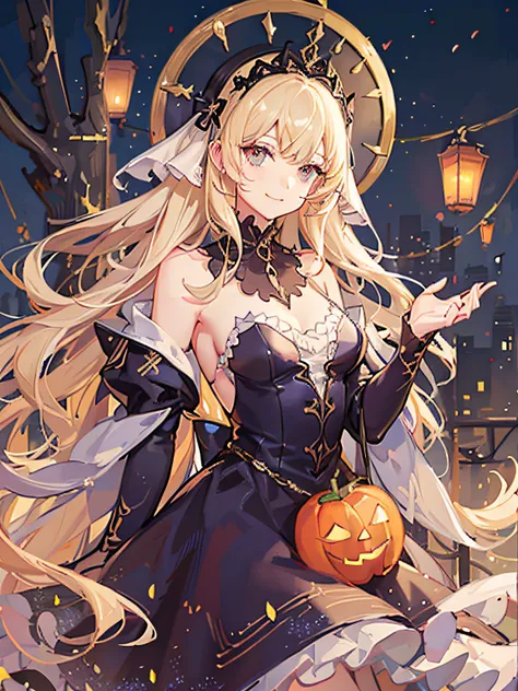 Jack-o-lantern in hand, Medieval European cityscape on Halloween,  Front-facing , Eyes are blue, Blonde smiling girl in pearl pink dress, Her long hair is fluttering in the wind, Transparent cloth dress shimmering in the light.