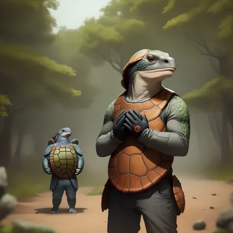 Turtle standing up holding pistols on both hands