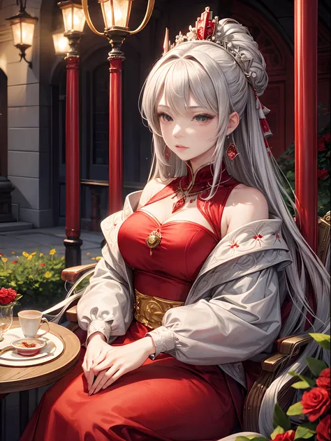 Gray-haired woman, gray eyes, royalty, Red dress, red adornments, red earrings, lunar, nobility, noblewoman, hiquality, Highly detailed, Detailed Face, Masterpiece, lock, drink tea, garden, Flowers, Lights