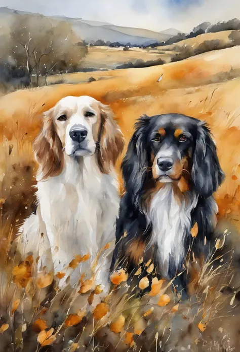 dois lindos cachorros, o macho com pelos longos preto e detalhes em branco, femea com pelos marrom dourado curtinho, alegres e com uma paisagem linda de fundo