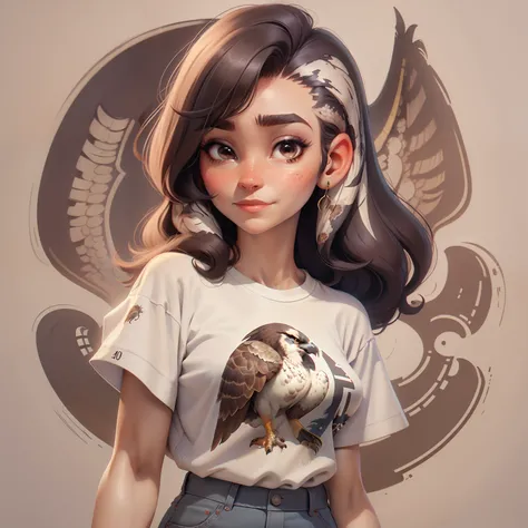 Uma mulher de 40 anos, com rosto fino com seu rabo de cavalo, wears a shirt with a drawing of a falcon and written Falcon