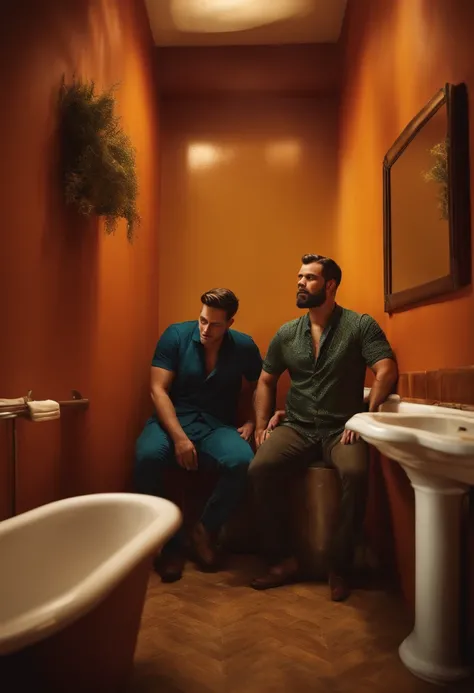 Its two men sitting on the floor in a bathroom..