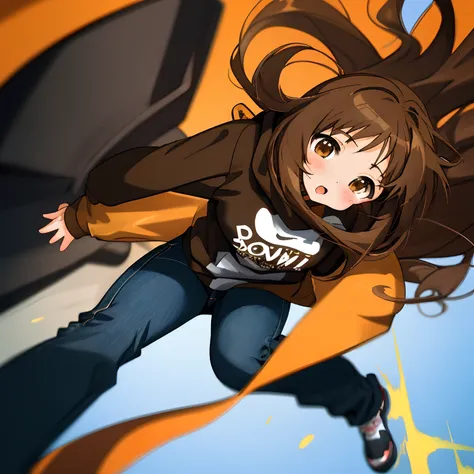 Anime girl long brown hair brown eyes oversized hoodie and black jeans